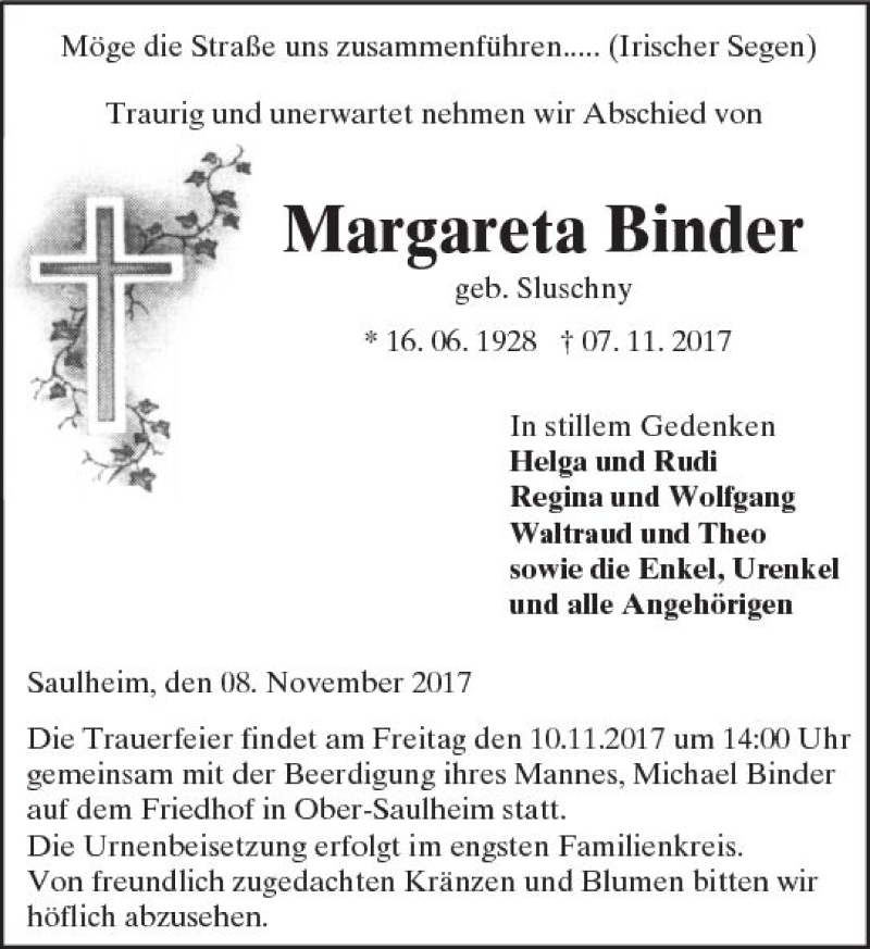  Traueranzeige für Margareta Binder vom 09.11.2017 aus Trauerportal Rhein Main Presse