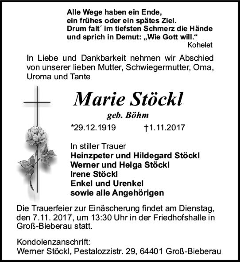  Traueranzeige für Marie Stöckl vom 04.11.2017 aus Trauerportal Echo Online