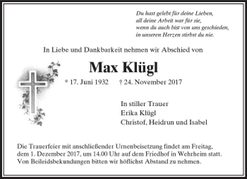 Traueranzeige von Max Klügl von  Usinger Anzeiger