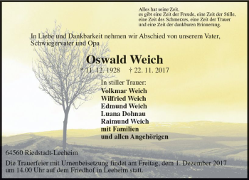 Traueranzeige von Oswald Weich von Trauerportal Echo Online