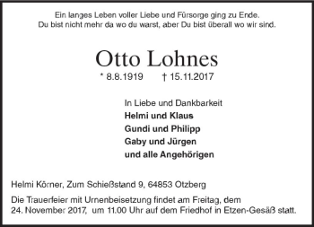 Traueranzeige von Otto Lohnes von Trauerportal Echo Online