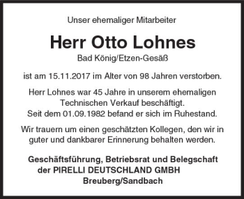 Traueranzeige von Otto Lohnes von Trauerportal Echo Online