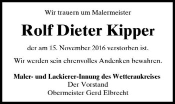 Traueranzeige von Rolf Dieter Kipper von  Kreisanzeiger