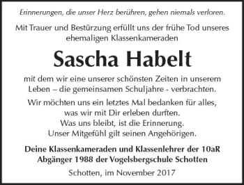 Traueranzeige von Sascha Habelt von  Kreisanzeiger