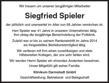 Traueranzeige von Siegfried Spieler von Trauerportal Rhein Main Presse
