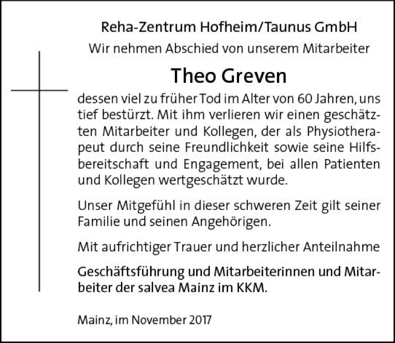  Traueranzeige für Theo Greven vom 16.11.2017 aus Trauerportal Rhein Main Presse