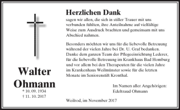 Traueranzeige von Walter Ohmann von  Usinger Anzeiger