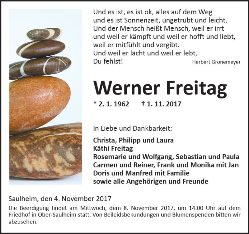  Traueranzeige für Werner Freitag vom 04.11.2017 aus Trauerportal Rhein Main Presse