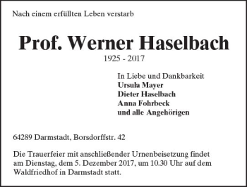 Traueranzeige von Werner Haselbach von Trauerportal Echo Online