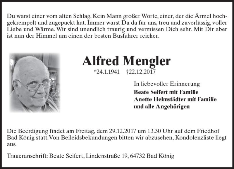  Traueranzeige für Alfred Mengler vom 28.12.2017 aus Trauerportal Echo Online