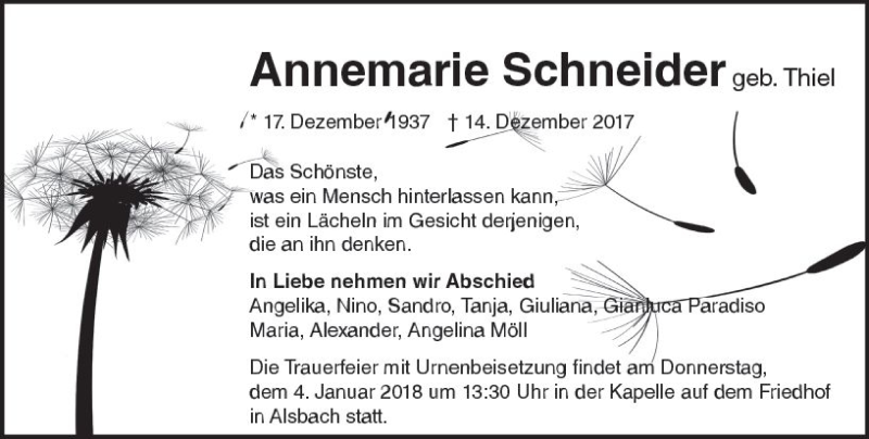  Traueranzeige für Annemarie Schneider vom 30.12.2017 aus Trauerportal Echo Online