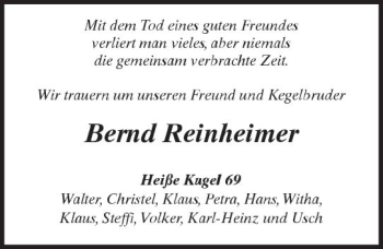 Traueranzeige von Bernd Reinheimer von Trauerportal Echo Online