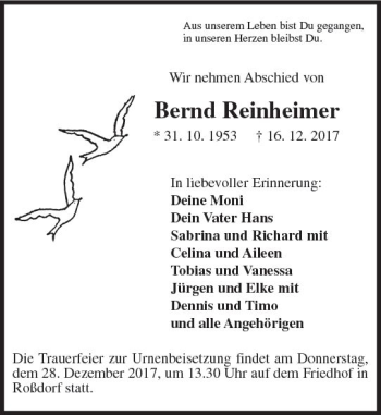 Traueranzeige von Bernd Reinheimer von Trauerportal Echo Online