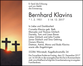 Traueranzeige von Bernhard Klavins von Trauerportal Rhein Main Presse