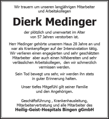 Traueranzeige von Dierk Medinger von Trauerportal Rhein Main Presse