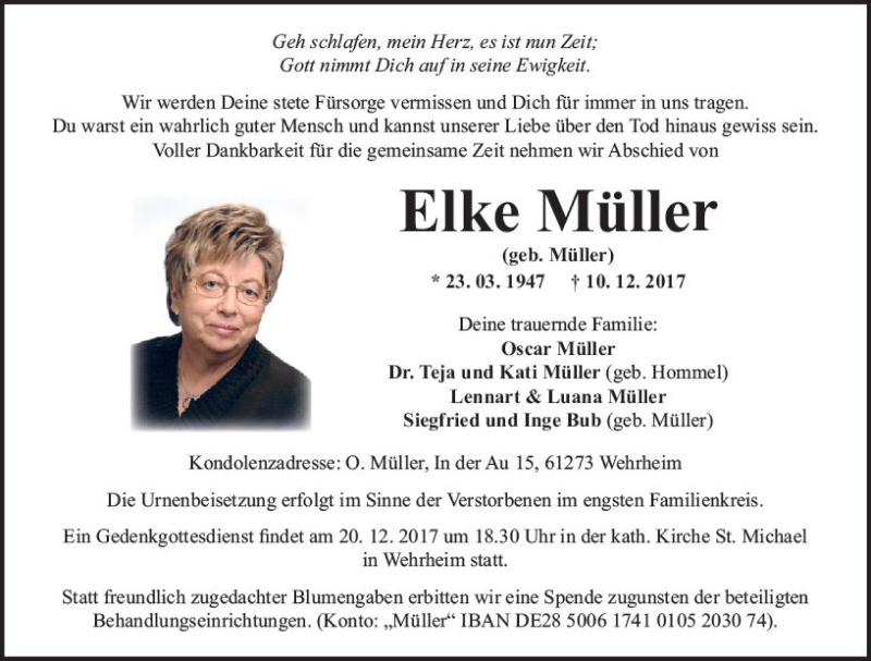  Traueranzeige für Elke Müller vom 15.12.2017 aus  Usinger Anzeiger