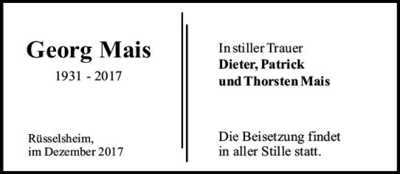  Traueranzeige für Georg Mais vom 30.12.2017 aus Trauerportal Rhein Main Presse