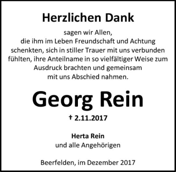 Traueranzeige von Georg Rein von Trauerportal Echo Online