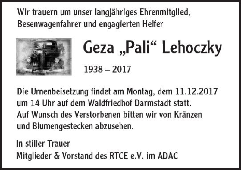  Traueranzeige für Geza Lehoczky vom 09.12.2017 aus Trauerportal Echo Online