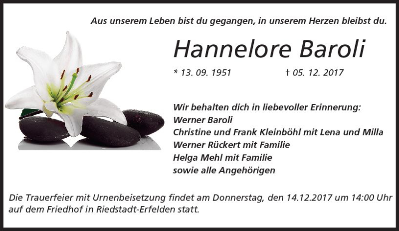 Traueranzeige für Hannelore Baroli vom 09.12.2017 aus Trauerportal Echo Online