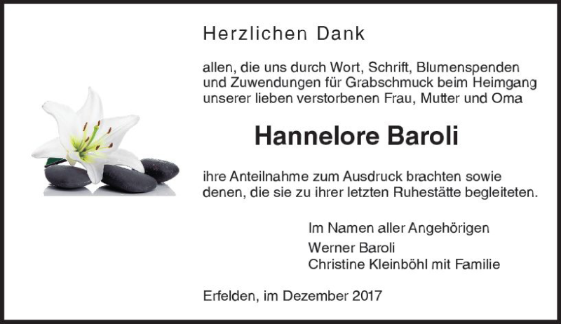  Traueranzeige für Hannelore Baroli vom 30.12.2017 aus Trauerportal Echo Online