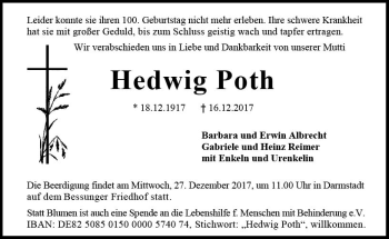 Traueranzeige von Hedwig Poth von Trauerportal Echo Online