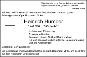 Traueranzeige von Heinrich Humber von Trauerportal Echo Online