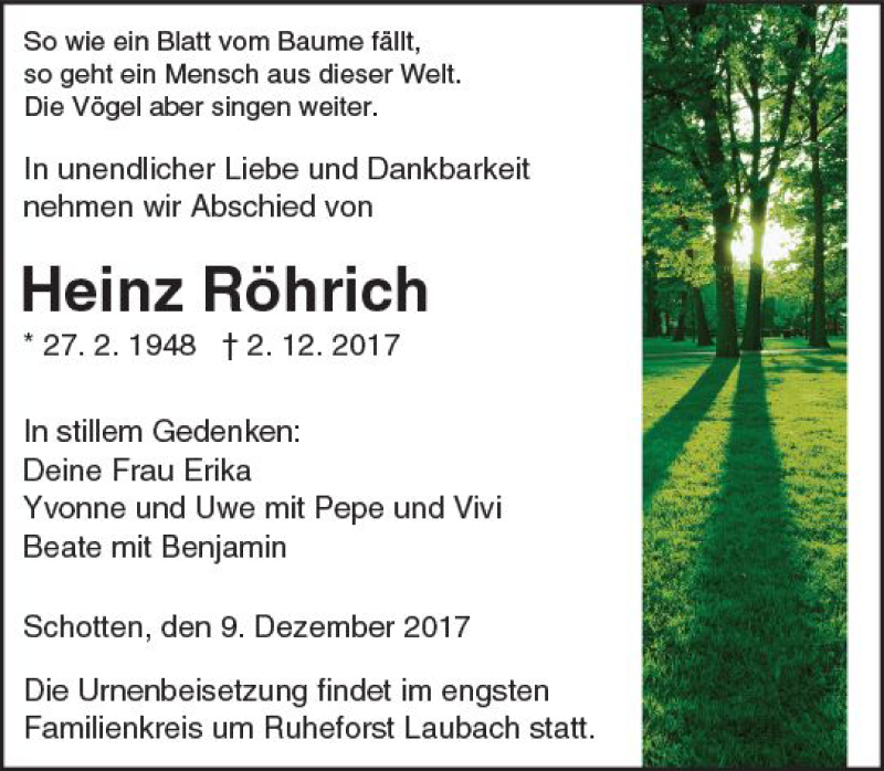  Traueranzeige für Heinz Röhrich vom 09.12.2017 aus  Kreisanzeiger