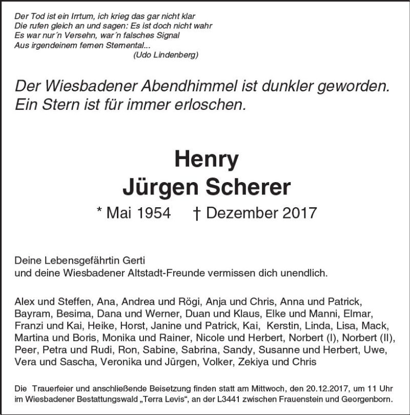  Traueranzeige für Henry Jürgen Scherer vom 16.12.2017 aus Trauerportal Rhein Main Presse