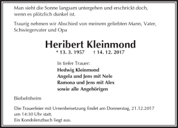 Traueranzeige von Heribert Kleinmond von Trauerportal Rhein Main Presse