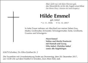 Traueranzeige von Hilde Emmel von  Kreisanzeiger