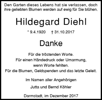 Traueranzeige von Hildegard Diehl von Trauerportal Echo Online