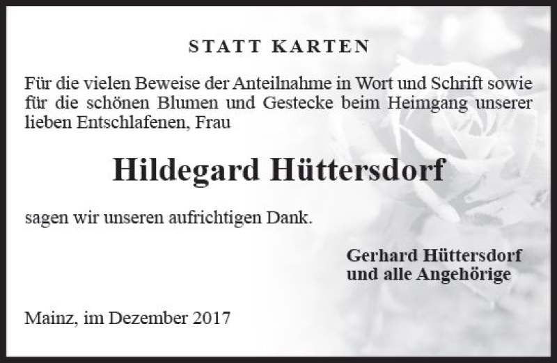  Traueranzeige für Hildgard Hüttersdorf vom 16.12.2017 aus Trauerportal Rhein Main Presse