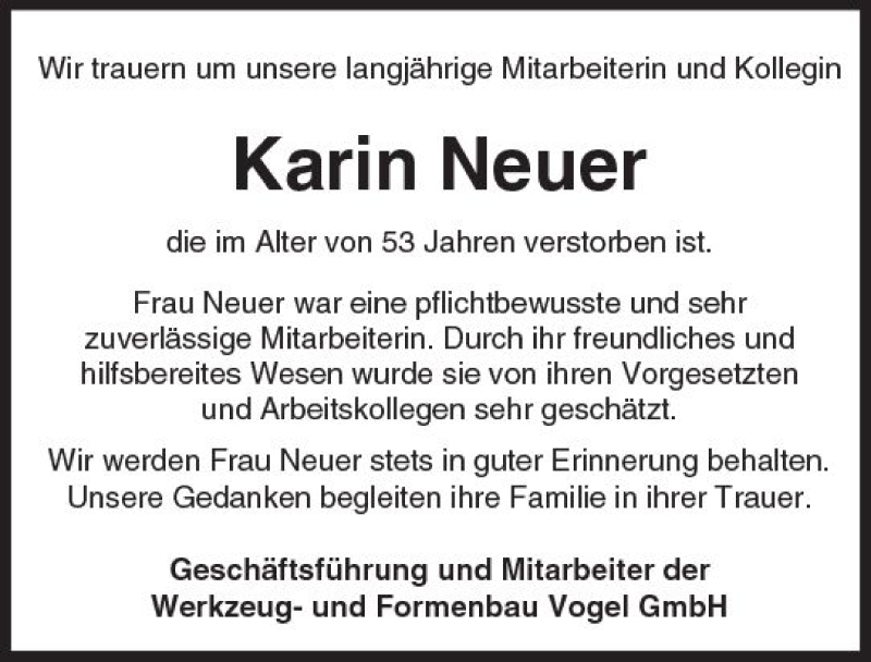  Traueranzeige für Karin Neuer vom 22.12.2017 aus Trauerportal Echo Online