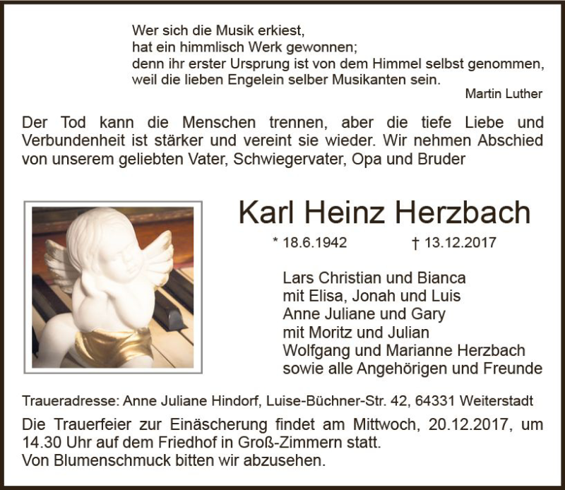  Traueranzeige für Karl Heinz Herzbach vom 19.12.2017 aus Trauerportal Echo Online