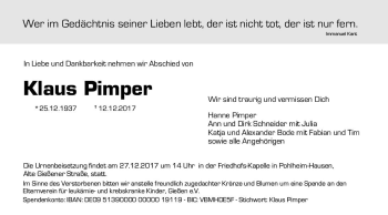 Traueranzeige von Klaus Pimper von  Gießener Anzeiger