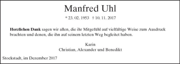 Traueranzeige von Manfred Uhl von Trauerportal Echo Online