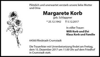 Traueranzeige von Margarete Korb von Trauerportal Echo Online