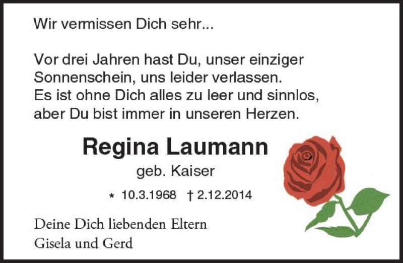  Traueranzeige für Regina Laumann vom 02.12.2017 aus Trauerportal Echo Online