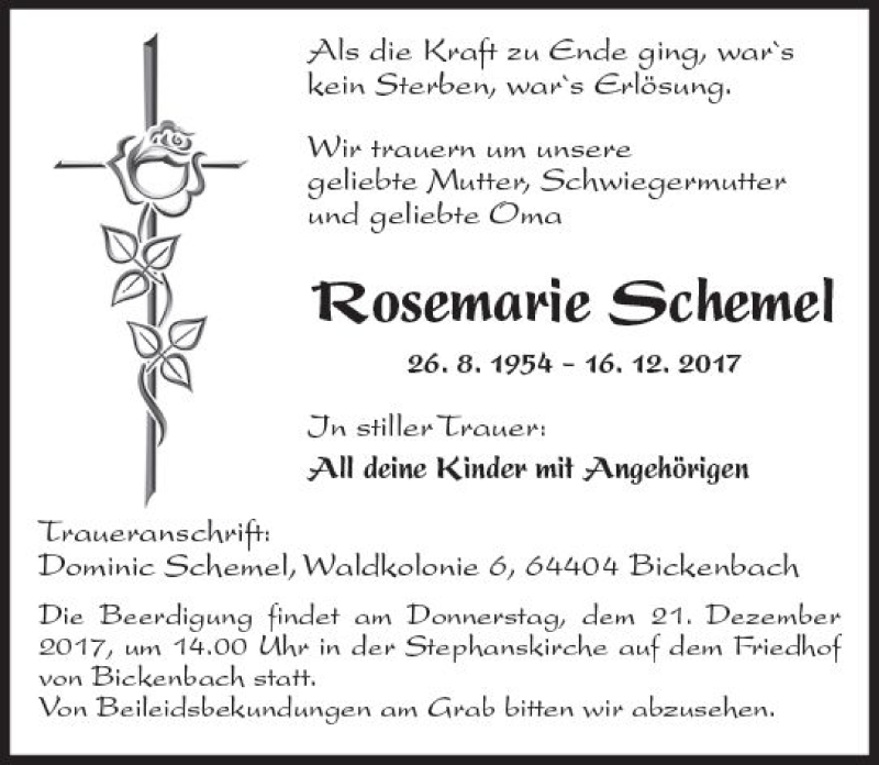  Traueranzeige für Rosemarie Schemel vom 19.12.2017 aus Trauerportal Echo Online