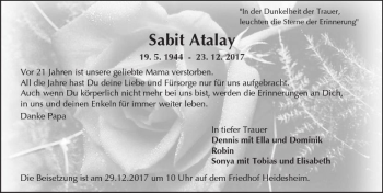 Traueranzeige von Sabit Atalay von Trauerportal Rhein Main Presse