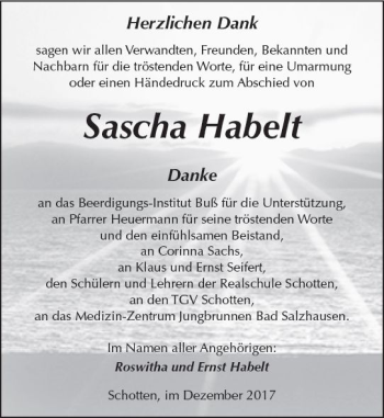 Traueranzeige von Sascha Habelt von  Kreisanzeiger