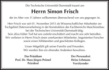 Traueranzeige von Simon Frisch von Trauerportal Echo Online
