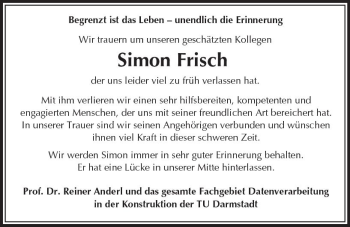Traueranzeige von Simon Frisch von Trauerportal Echo Online