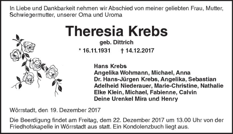  Traueranzeige für Theresia Krebs vom 19.12.2017 aus Trauerportal Rhein Main Presse