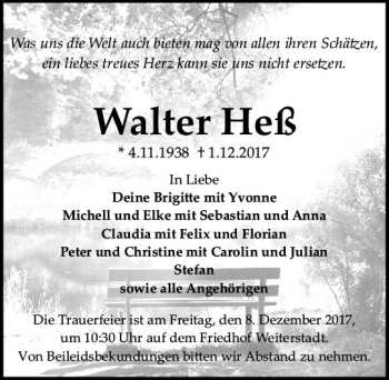 Traueranzeige von Walter Heß von Trauerportal Echo Online