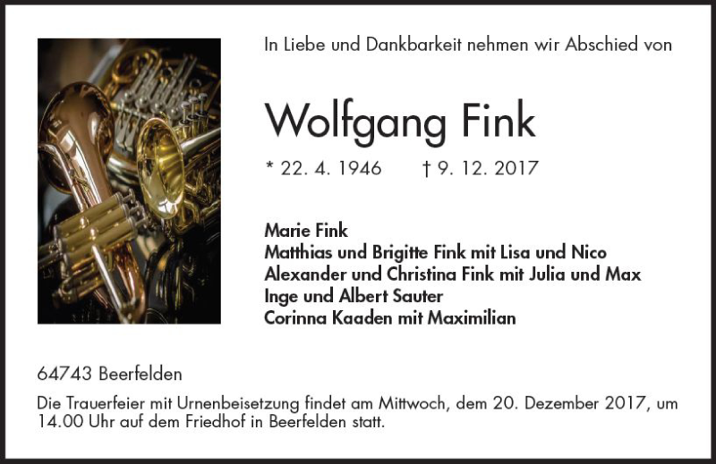  Traueranzeige für Wolfgang Fink vom 15.12.2017 aus Trauerportal Echo Online