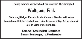Traueranzeige von Wolfgang Fink von Trauerportal Echo Online