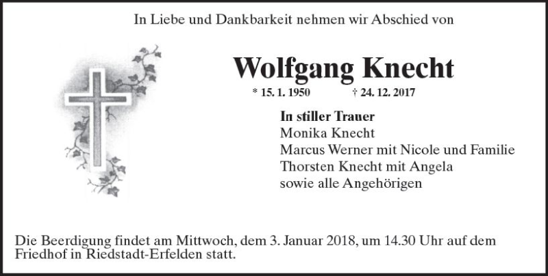  Traueranzeige für Wolfgang Knecht vom 30.12.2017 aus Trauerportal Echo Online