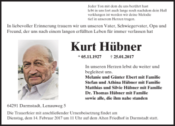 Traueranzeige von Kurt Hübner von Trauerportal Echo Online